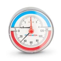 Термоманометр VARMEGA аксиальный 80 мм, 4 бар, 120гр.С, 1/2", с отсекающим клапаном, VMMT06-800404